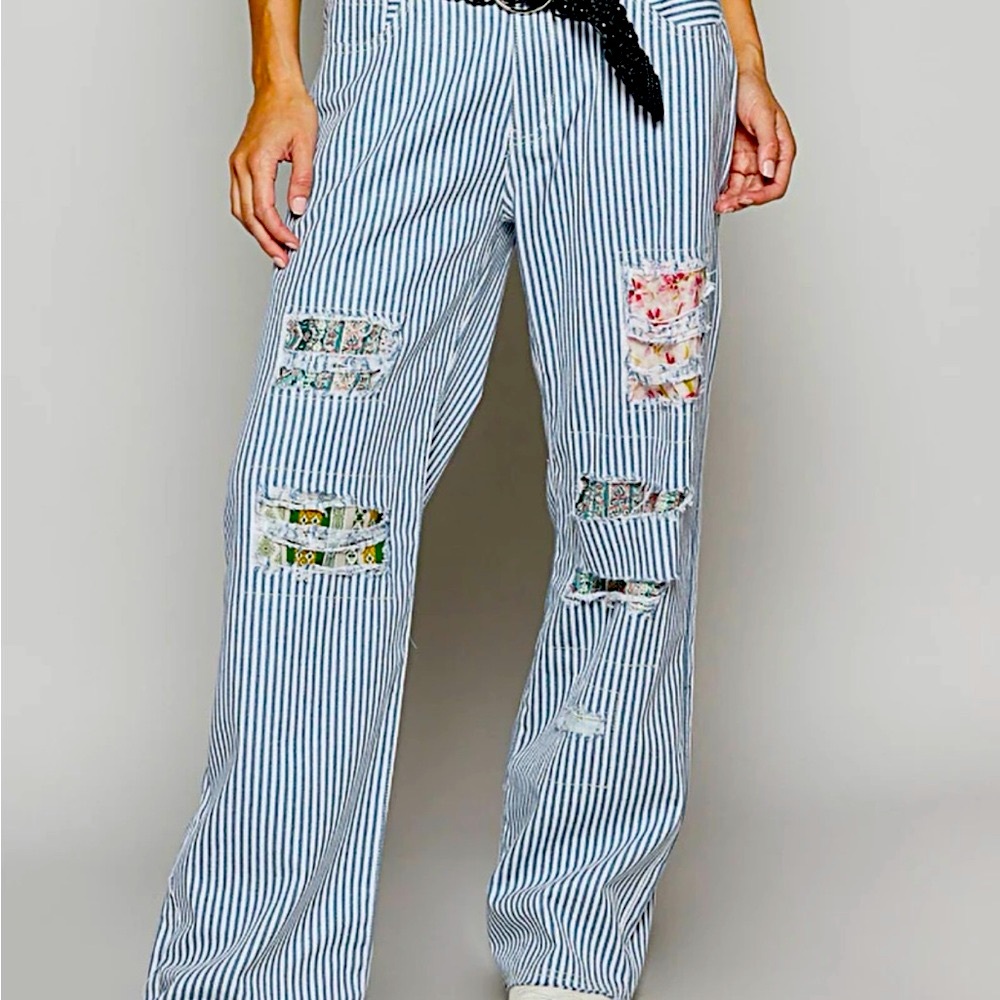 Pol Striped Distressed Patchwork Jeans M Nwot - image 1